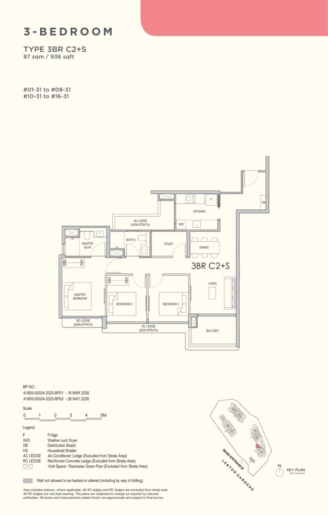 Floor plan of the 3 Bedroom Compact + Study, Type C2+S, 936 sqft, at Lentor Gardens Residences