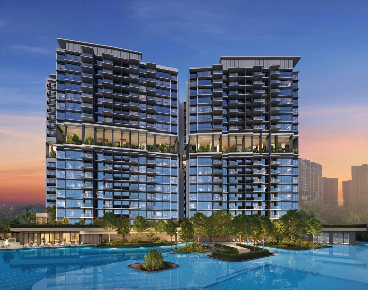 Lentor Gardens Residences, artist’s impression of the towers at sunset above the 50m lap pool
