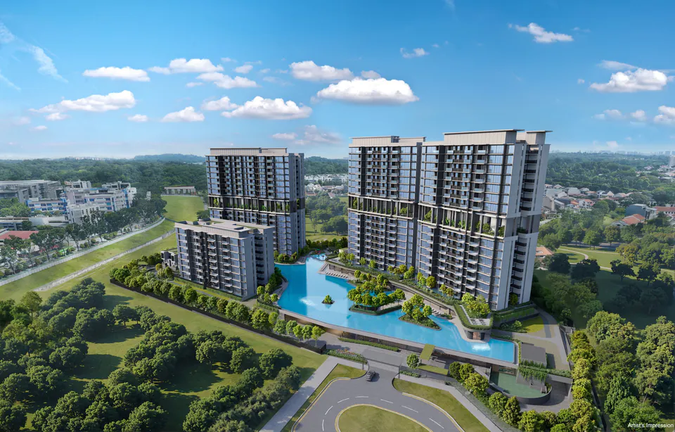 Aerial view over the four residential blocks and the waterscape at Lentor Gardens Residences.