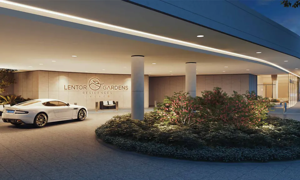 The arrival court and signature wall at the main drop-off, Lentor Gardens Residences.
