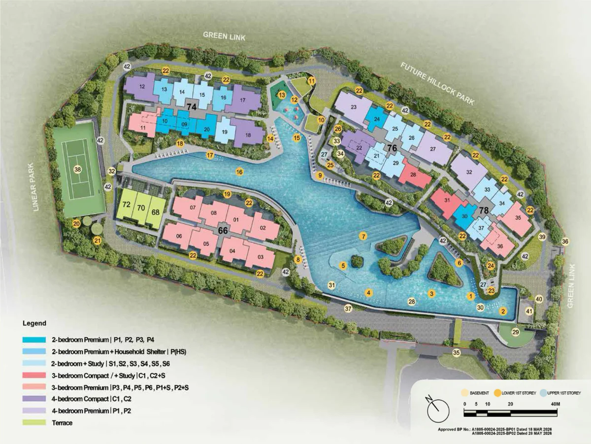 Lentor Gardens Residences site plan, with the facilities numbered