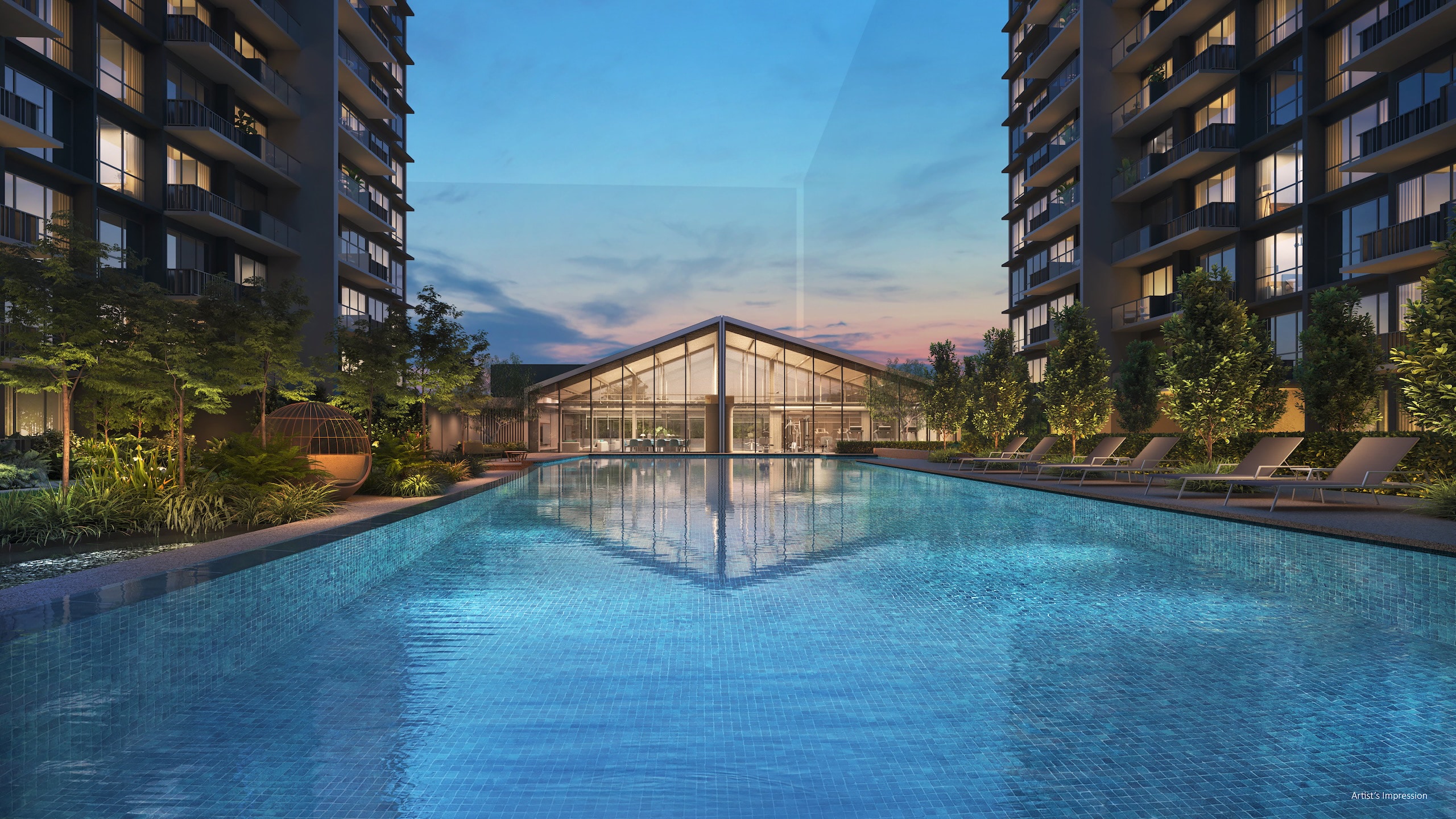 Lucerne Grand, artist&rsquo;s impression of the pool deck and clubhouse pavilion at dusk